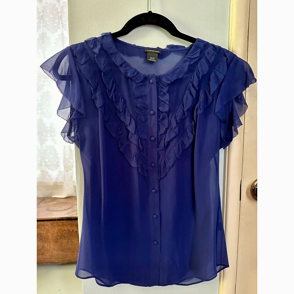 CLUB MONACO size XS royal purple crepe short sleeve ruffle blouse with cami